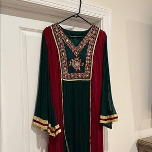 Elegant Green and Red Embroidered Dress